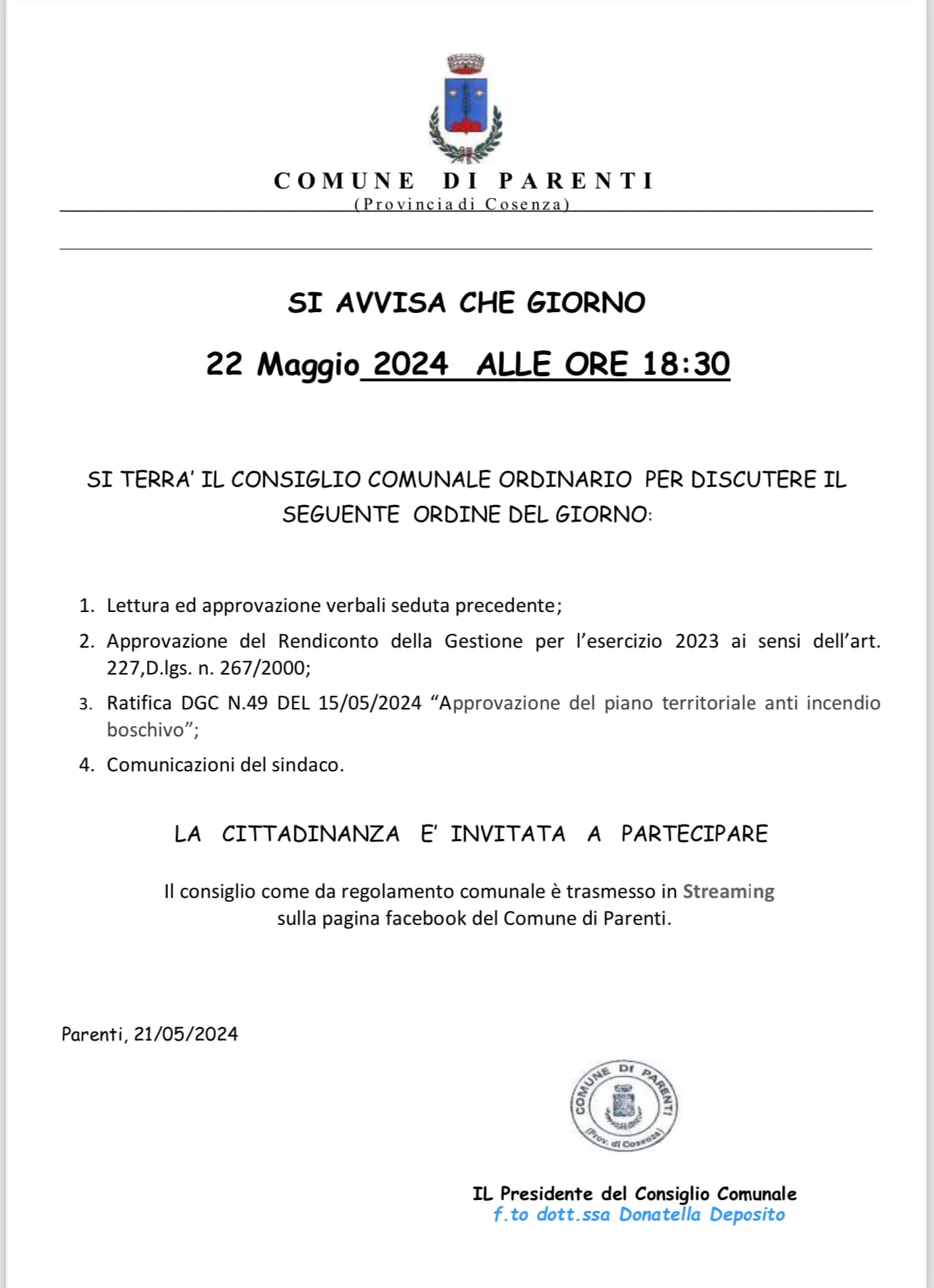 consiglio comune di Parenti